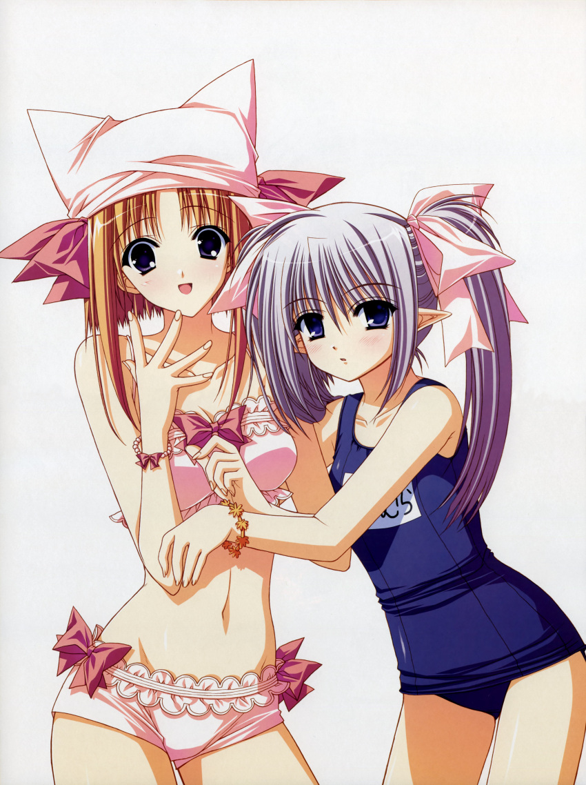 2girls, absurdres, bikini, blue_eyes, blush, bow, bracelet, breasts