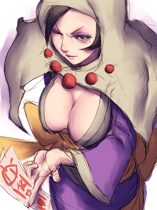 1girl, beads, black_eyes, black_hair, breasts, cleavage, cowboy_shot, downblouse