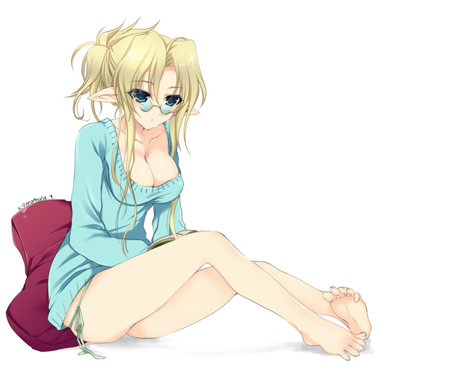 barefoot, blonde_hair, breasts, cleavage, feet, glasses, green_eyes, kumatora_tatsumi