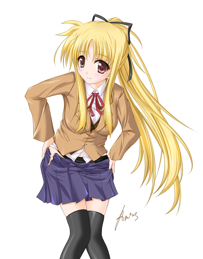 amicis, fate_testarossa, long_hair, lyrical_nanoha, mahou_shoujo_lyrical_nanoha, mahou_shoujo_lyrical_nanoha_strikers, ponytail, school_uniform