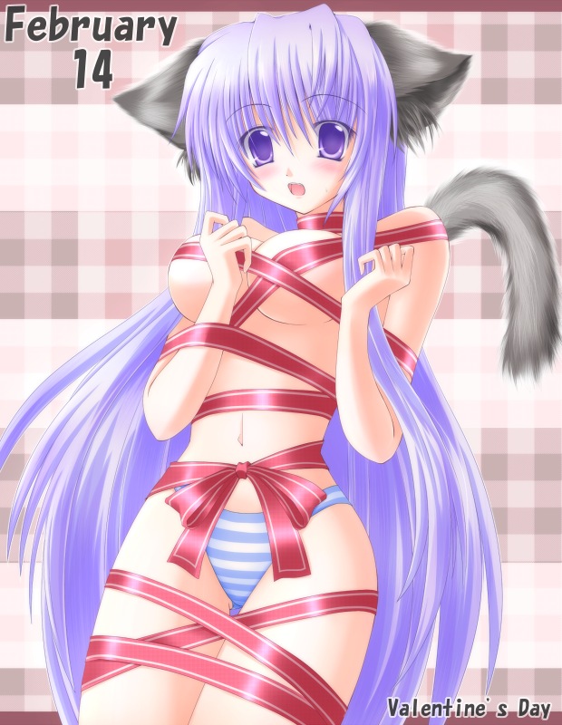 1girl, animal_ears, blush, breasts, cat_ears, large_breasts, long_hair, naked_ribbon