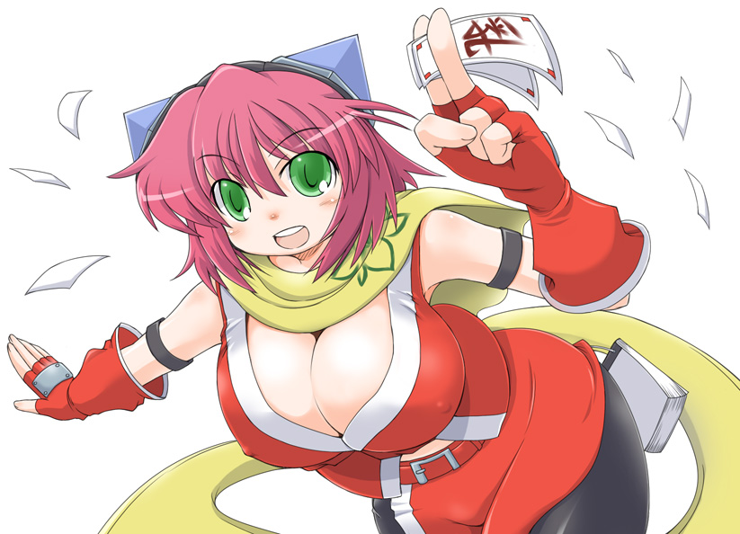 1girl, armband, belt, bent_over, breasts, cleavage, erect_nipples, fingerless_gloves