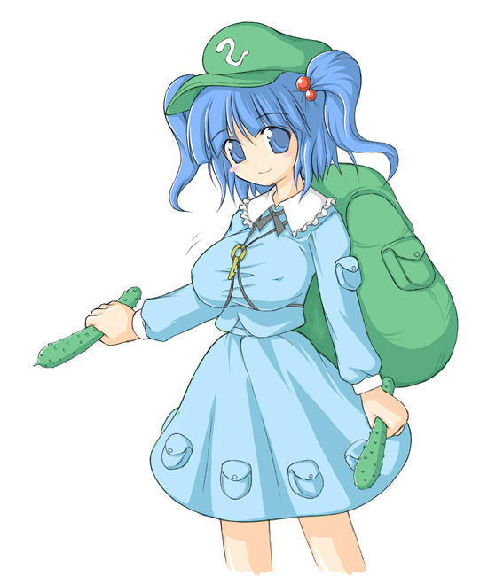 1girl, backpack, bag, blue_eyes, blue_hair, blush_stickers, breasts, cucumber, erect_nipples, female, hair_bobbles, hair_ornament, hat, kawashiro_nitori, large_breasts, miyata_gakuman, simple_background, solo, touhou, twintails