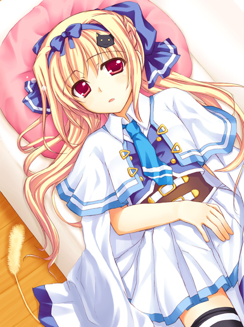 1girl, :o, blonde_hair, bow, braid, capelet, cat_hair_ornament, hair_bow, hair_ornament, kurumu, long_hair, looking_at_viewer, lying, on_back, red_eyes, school_uniform, serafuku, skirt, solo, thigh-highs