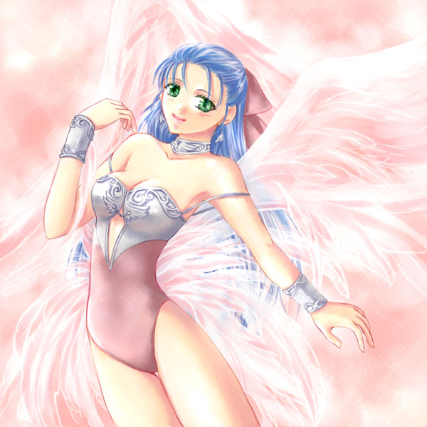 1girl, angel_leotard, bad_anatomy, blue_hair, bow, dragon_quest, dragon_quest_v, flora