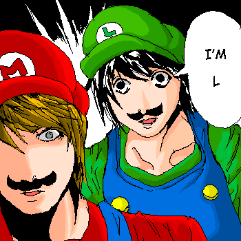 2boys, bags_under_eyes, cosplay, crossover, death_note, facial_hair, hat, i_am_l