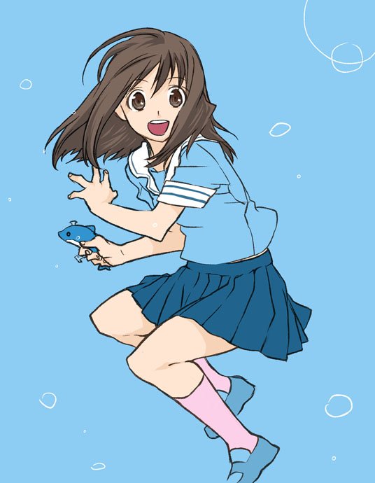 azumanga_daioh, brown_eyes, brown_hair, chimari, kasuga_ayumu, long_hair, marui_(koedame), school_uniform, serafuku, smile, water_gun
