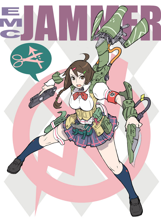 1girl, armband, braid, brown_eyes, brown_hair, footwear, gun, handgun