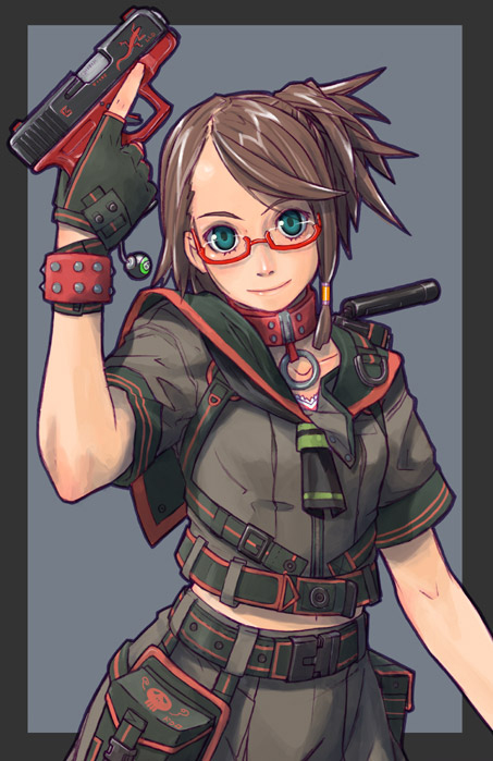 1girl, collar, glasses, glock, green_eyes, gun, handgun, negishi_hideto