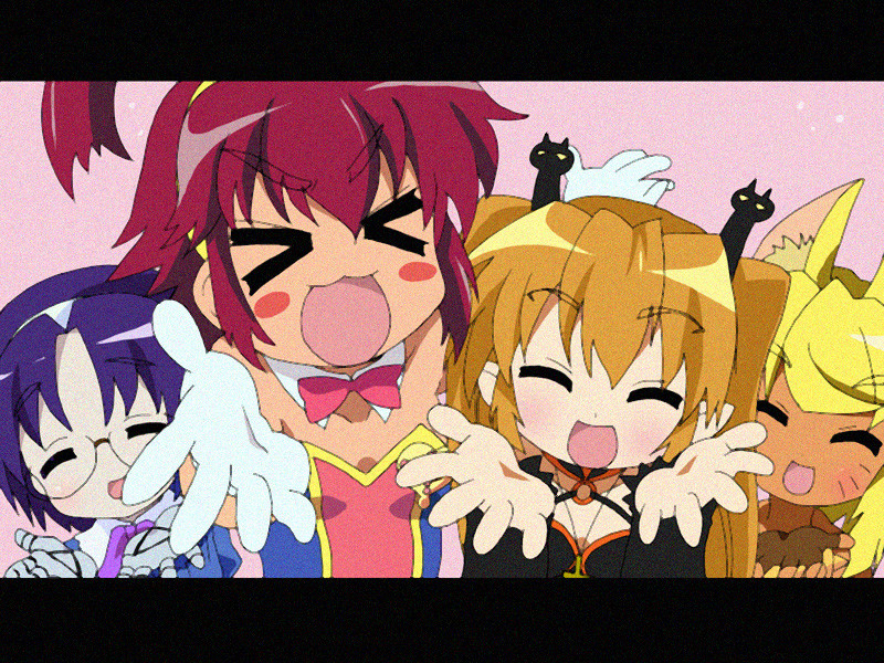 >_<, 4girls, aiko, aiko_(renkin_san-kyuu_magical_pokaan), animal_ears, blonde_hair, blush, blush_stickers