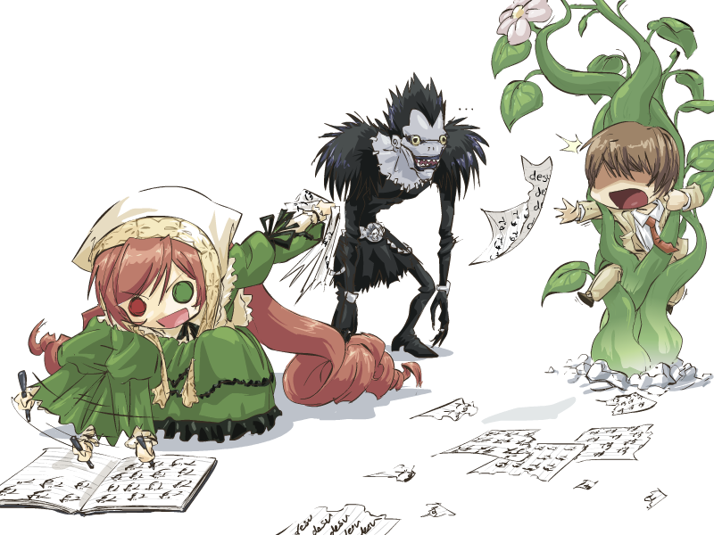 00s, 1girl, 2boys, afterimage, book, brown_hair, crossover, death_note