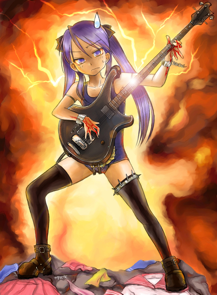 1girl, bad_id, bass_guitar, fukushima_nyuugyou_inc, guitar, hiiragi_kagami, instrument, long_hair, lucky_star, purple_hair, solo, srungle, sweatdrop, thigh-highs, twintails