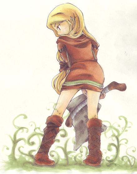 1girl, axe, blonde_hair, boots, final_fantasy, final_fantasy_tactics, geomancer_(fft), long_hair