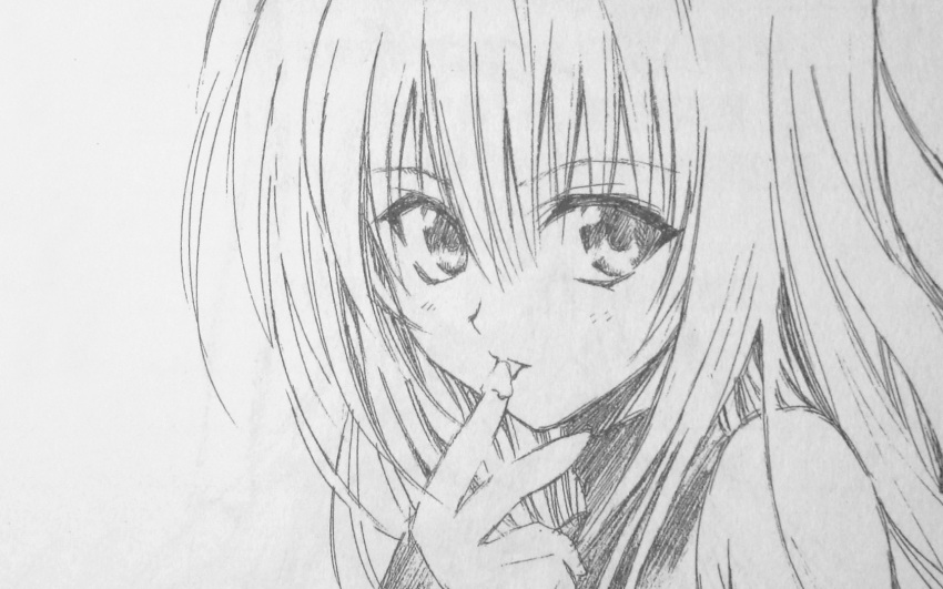 1girl, black_cat_(series), eve_(black_cat), finger_licking, highres, licking, monochrome, sketch