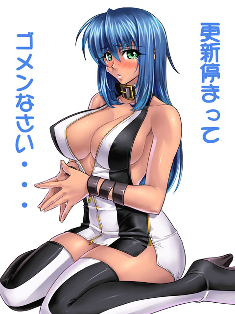 1girl, blue_hair, blush, boots, breasts, choker, cleavage, collar