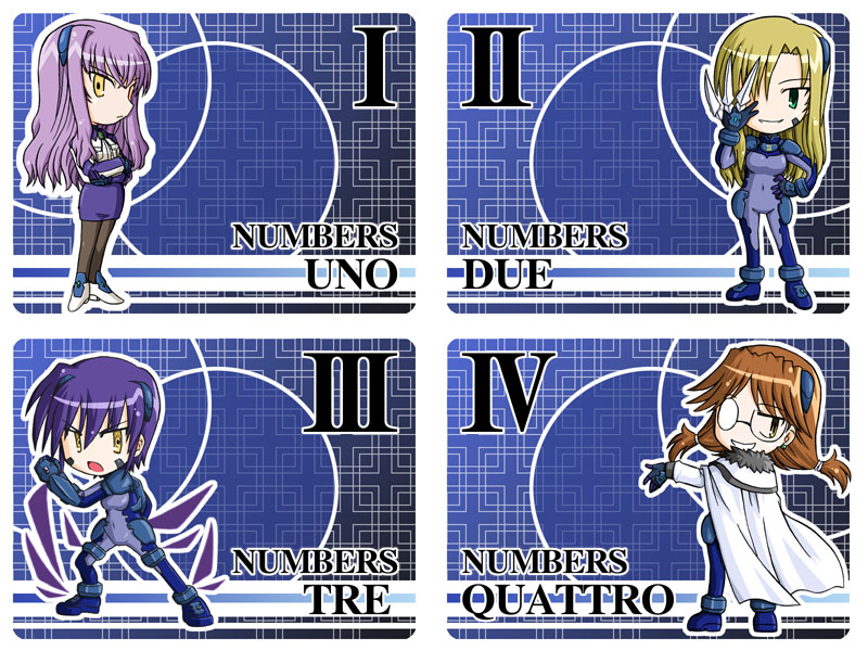 4girls, bodysuit, chibi, due_(nanoha), furafura, glasses, lyrical_nanoha, mahou_shoujo_lyrical_nanoha