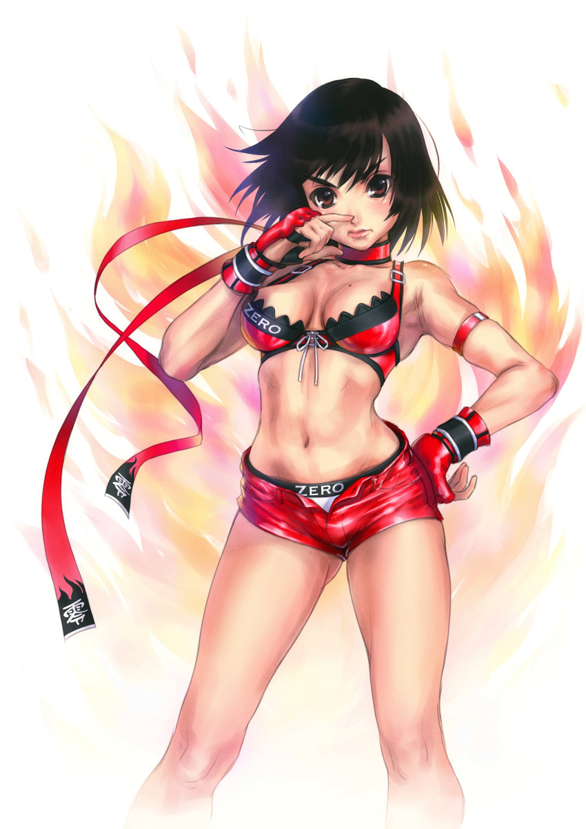 1girl, absurdres, bare_shoulders, black_hair, breasts, cleavage, fingerless_gloves, gloves