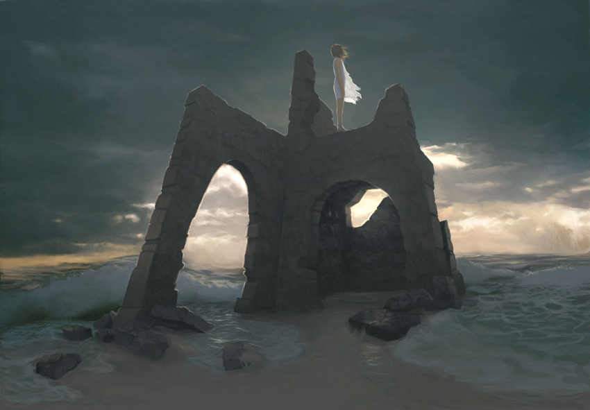 1girl, clouds, dark, highres, justin_cherry, ruins, scenery, seaside