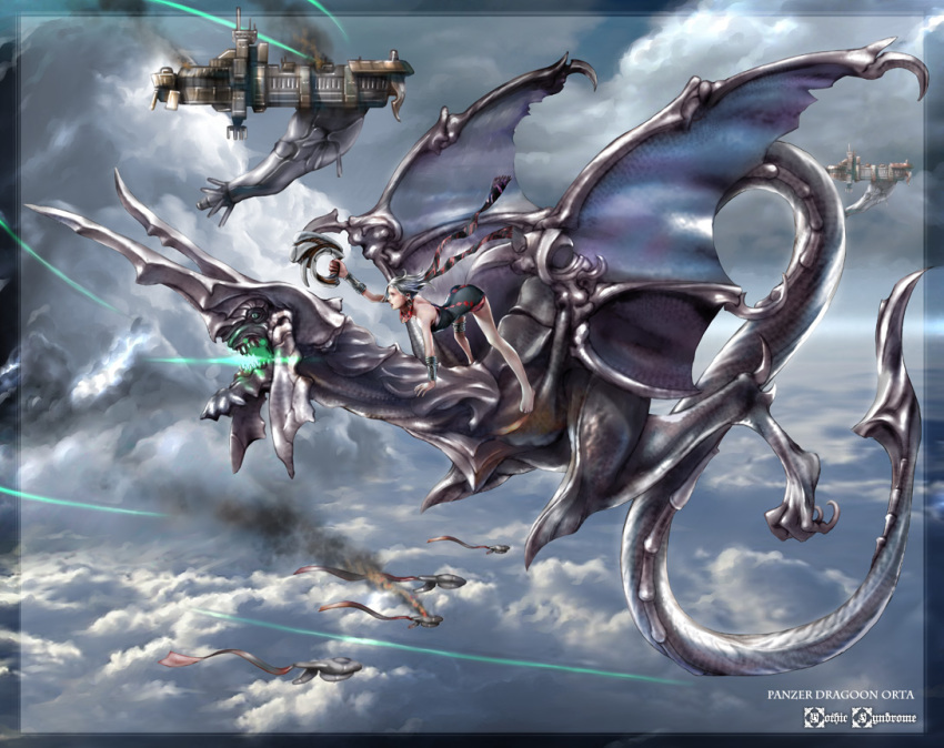 1girl, aerial_battle, barefoot, battle, dragon, dragon_tail, dress, energy_beam