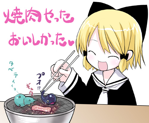 blonde_hair, chopsticks, food, kiira, lowres, meat, original, rhyme