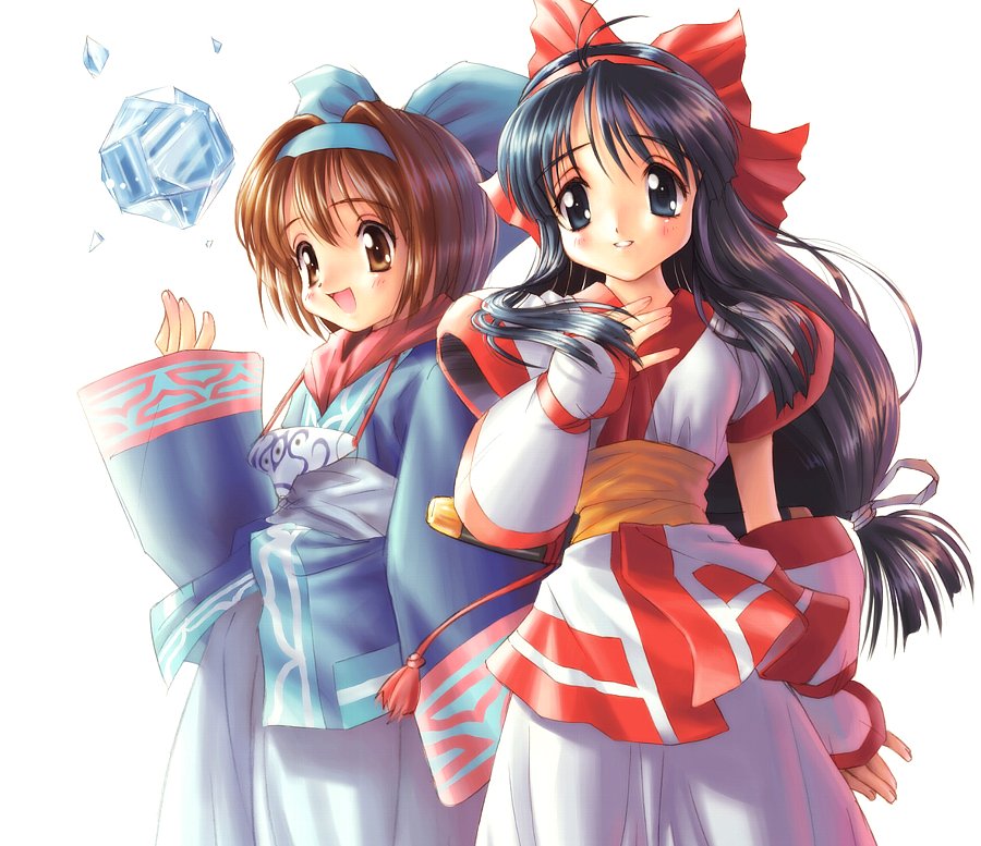 2girls, black_hair, blush, bow, brown_hair, konril, long_hair, low-tied_long_hair