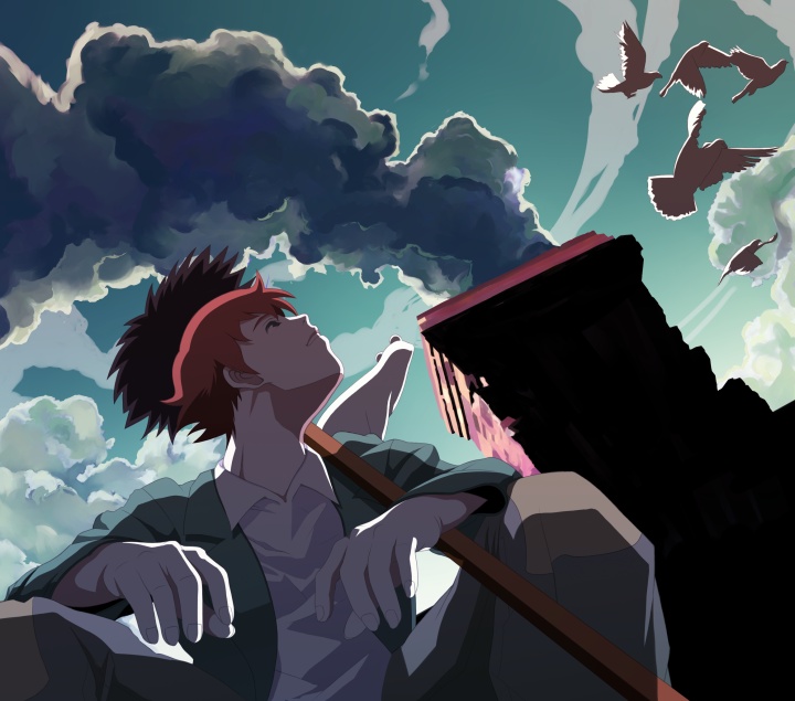 1boy, 90s, bird, chimney, clouds, from_below, looking_up, male_focus