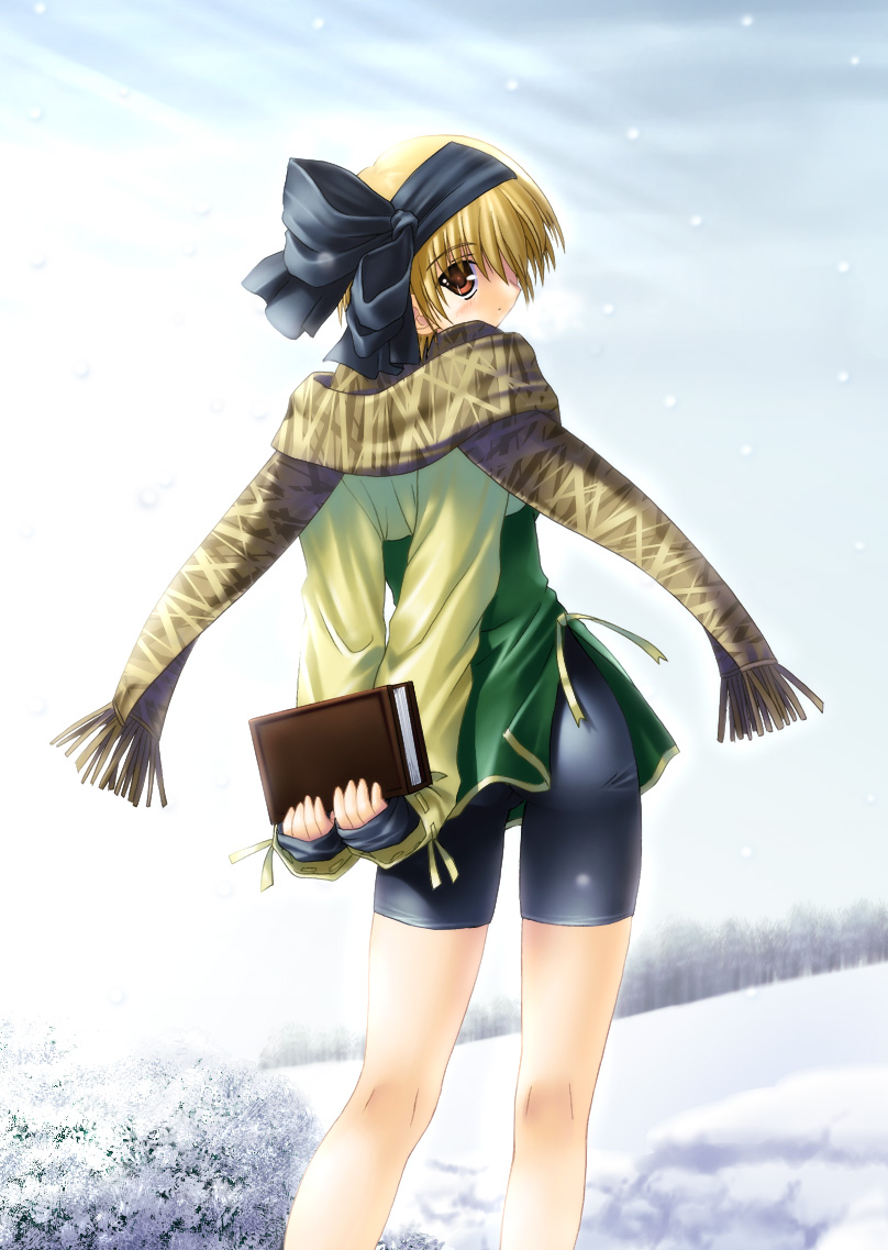 bike_shorts, blonde_hair, book, from_behind, hairband, looking_back, red_eyes, scarf