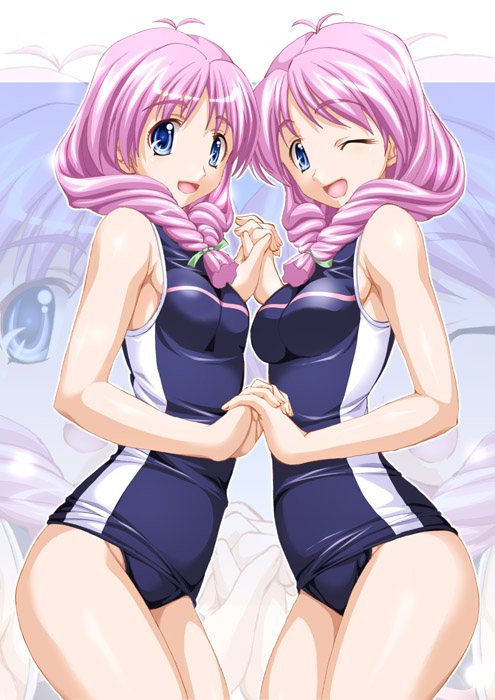 2girls, antenna_hair, blue_eyes, breast_press, breasts, front_ponytail, hair_ribbon, hand_holding