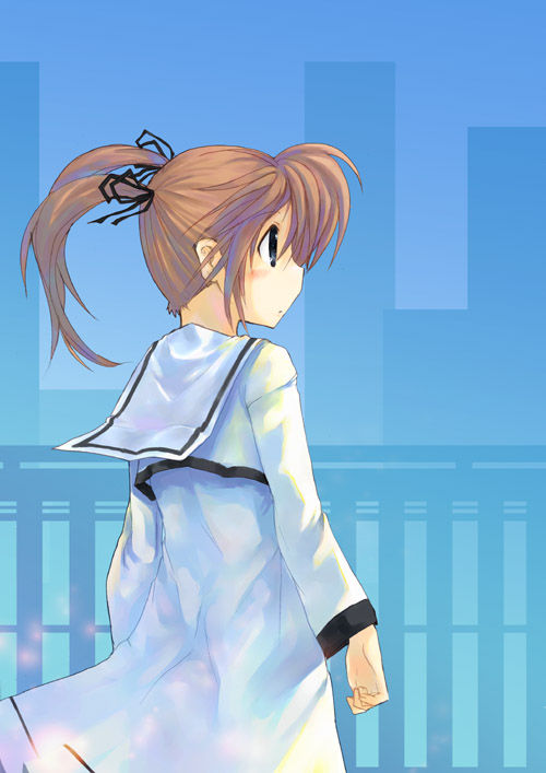 00s, 1girl, blush, brown_hair, butterfly_hair_ornament, dress, from_side, green_eyes