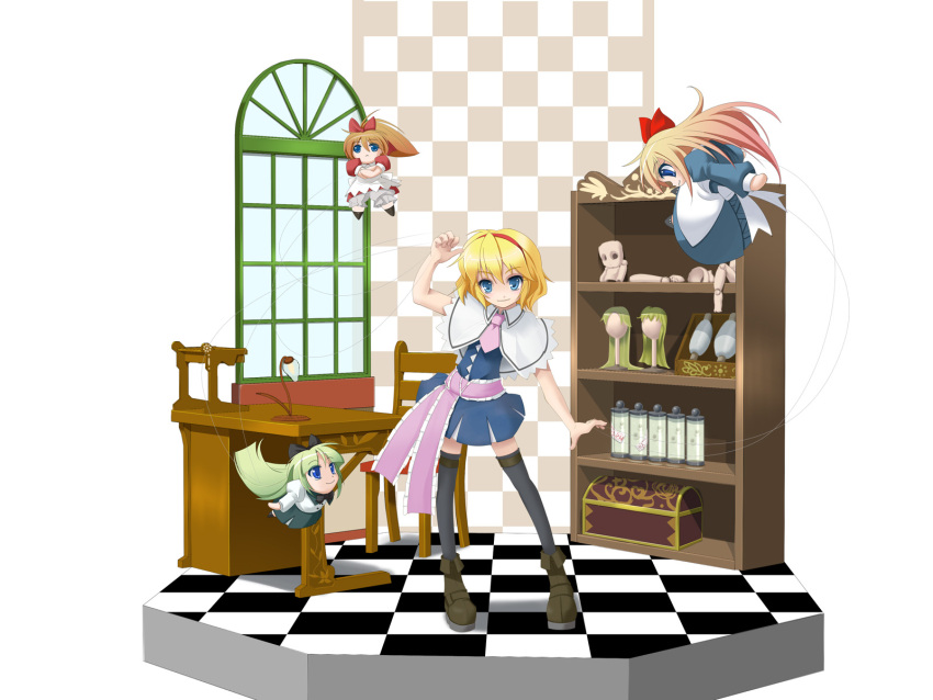 >:), 1girl, alice_margatroid, apron, arm_up, bangs, black_legwear, blonde_hair