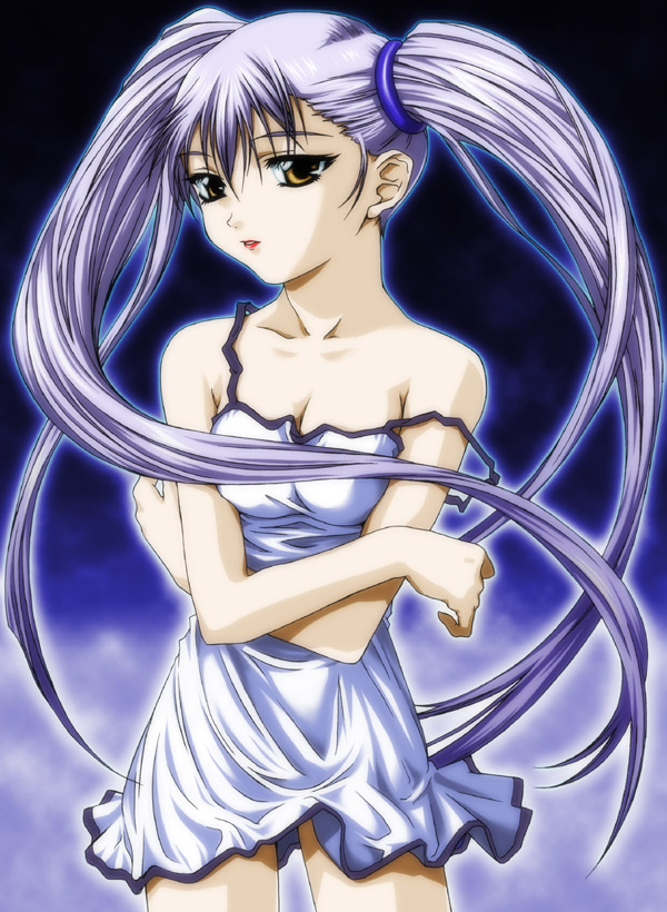 90s, bare_shoulders, dress, hoshino_ruri, kidou_senkan_nadesico, kidou_senkan_nadesico_-_prince_of_darkness, lipstick, long_hair, makeup, twintails, undressing
