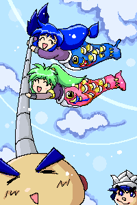 2girls, blue_hair, fish, ganbare_goemon, green_hair, lowres, multiple_girls, ninja