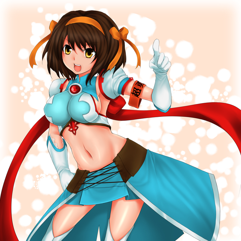 1girl, armband, armlet, brown_eyes, brown_hair, gloves, midriff, rokuichi, short_hair, solo, superheroine_haruhi, suzumiya_haruhi, suzumiya_haruhi_no_tomadoi, suzumiya_haruhi_no_yuuutsu