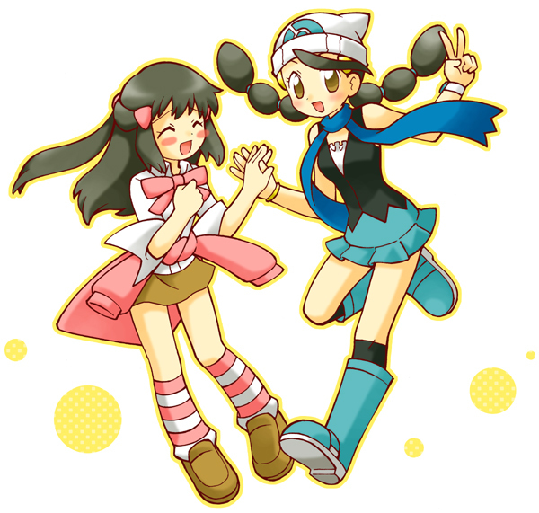 2girls, ^_^, alternate_color, alternate_costume, aqua_boots, beanie, black_hair, black_socks