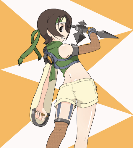 1girl, bare_shoulders, brown_eyes, brown_hair, final_fantasy, final_fantasy_vii, headband, lowres