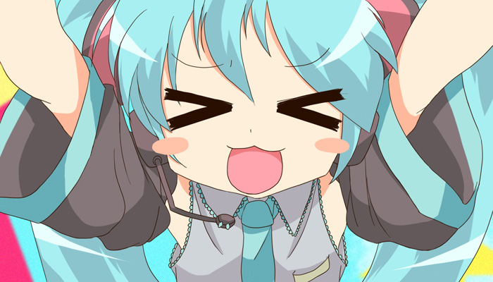 >_<, 1girl, aqua_hair, closed_eyes, hatsune_miku, lucky_channel, lucky_star, morihama_karute, parody, solo, vocaloid