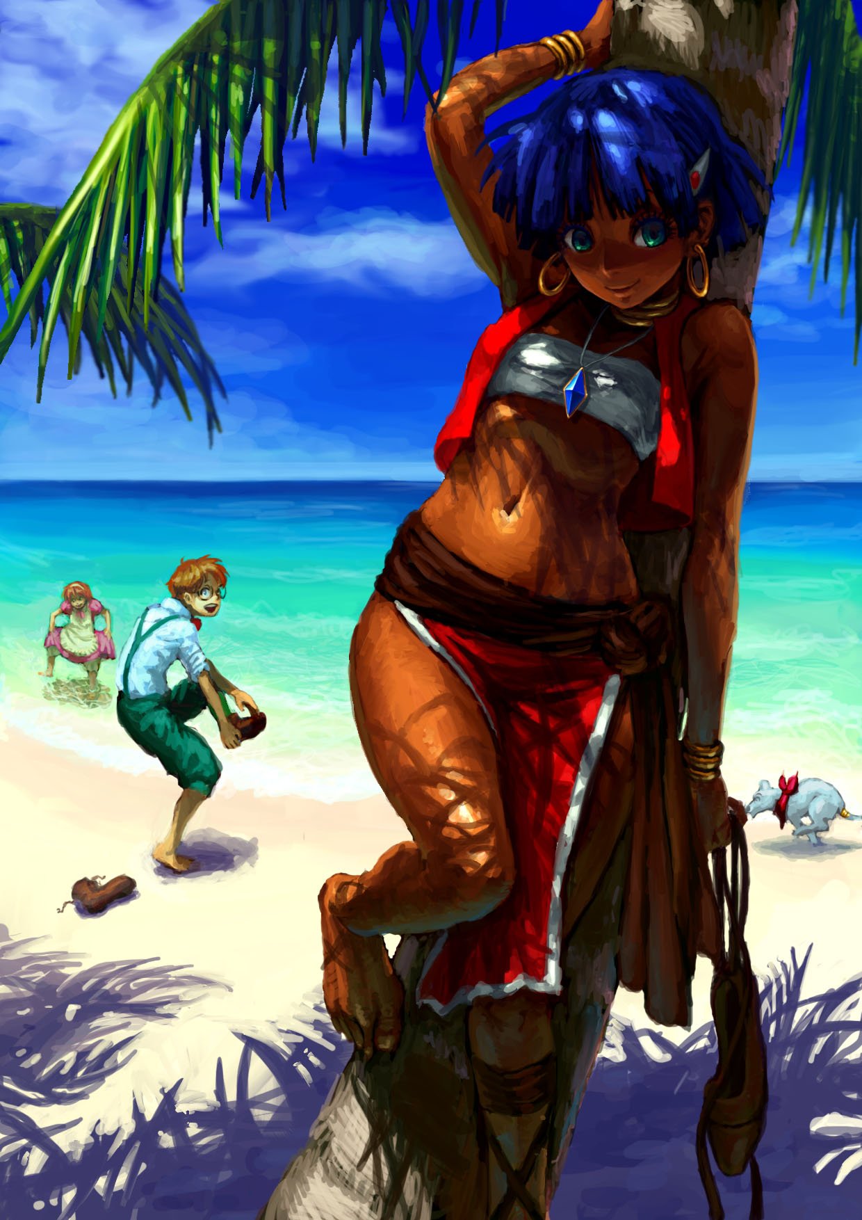1boy, 2girls, 90s, bandeau, bandeau_bikini, barefoot, beach, bracelet