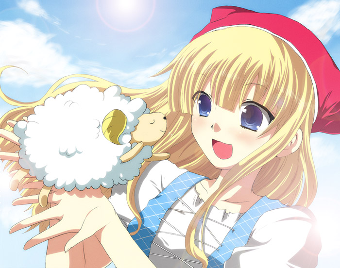 animal, blonde_hair, blue_eyes, clara, clara_(pop'n_music), clouds, futaba_841, pop'n_music, sheep, smile, sun