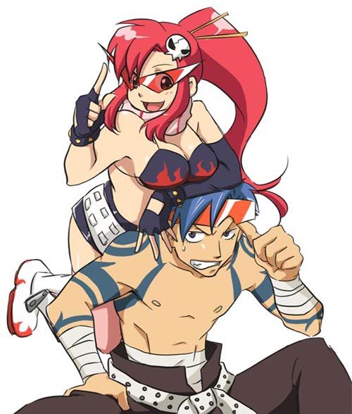 1boy, 1girl, bandage, blue_hair, kamina, kamina_shades, redhead, rikko