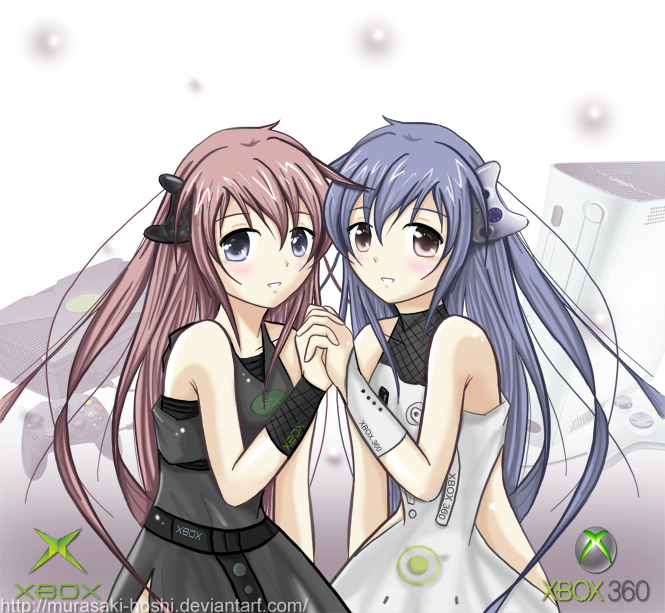 2girls, blue_eyes, blue_hair, deviantart, dress, game_console, hand_holding, long_hair, microsoft, multiple_girls, os-tan, personification, siblings, sisters, xbox, xbox-tan, xbox_360, xbox_360-tan