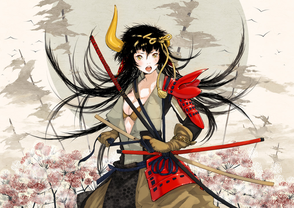 1girl, armor, bad_id, black_hair, bra, breasts, broken_horn, cleavage, floating_hair, flower, horns, japanese_armor, katana, large_breasts, lingerie, long_hair, mole, open_mouth, original, sakamoto_himemi, samurai, samurai_armour, sheath, sheathed, solo, sword, tree, underwear, weapon, yellow_eyes