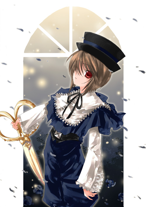 00s, brown_hair, frills, hat, kokono_coco, red_eyes, rozen_maiden, scissors