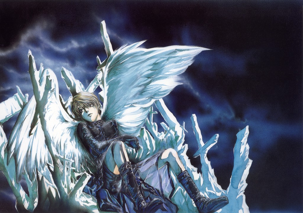 1boy, angel_sanctuary, angel_wings, artbook, blonde_hair, buckle, buckler, gloves, leather, lost_angel, male_focus, mudou_setsuna, outdoors, shield, sitting, sky, solo, wings, yuki_kaori