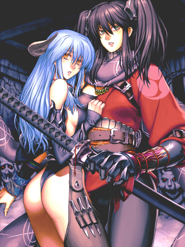 2girls, aoi_subaru, ass, breasts, horns, medium_breasts, multiple_girls, pixiv_fantasia, pixiv_fantasia_1, sideboob, subaru-3, sword, weapon