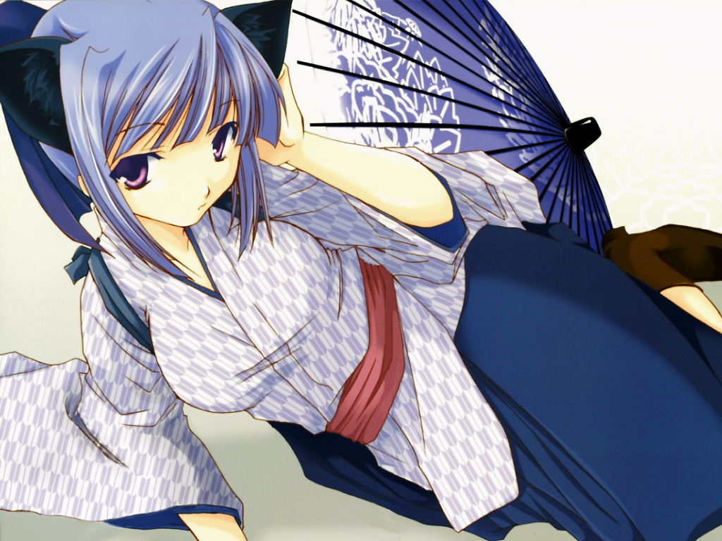 animal_ears, blue_hair, boots, cat_ears, catgirl, japanese_clothes, kimono, lying