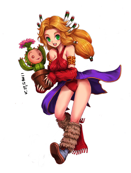 1girl, armband, blonde_hair, cactus, criss-cross_halter, detached_sleeves, flower, flower_pot
