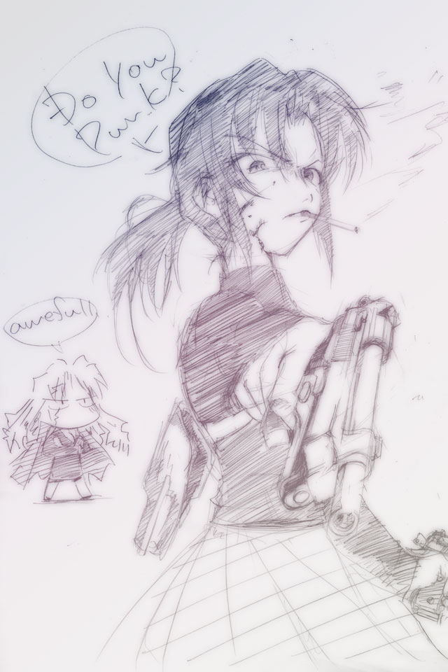 2girls, asatana, balalaika_(black_lagoon), beretta_92, black_lagoon, chibi, cigarette, dirty_harry