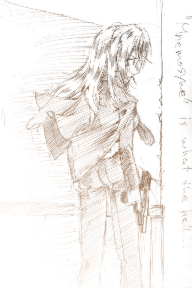 1girl, asatana, asougi_rin, brown, gun, handgun, mnemosyne, monochrome