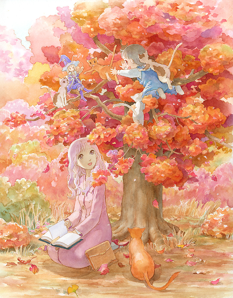 1boy, 2girls, autumn, book, cat, colored_pencil_(medium), efira, fall