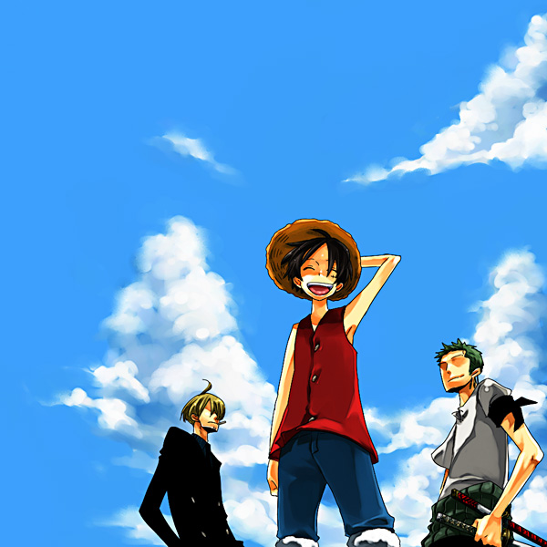 3boys, background, bandanna, black_hair, black_shirt, blonde_hair, blue_sky, cigarette